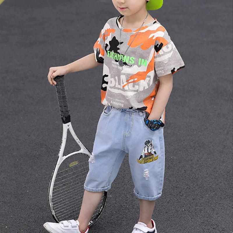 Kid Boy Camouflage Letter Top & Denim Shorts - PrettyKid