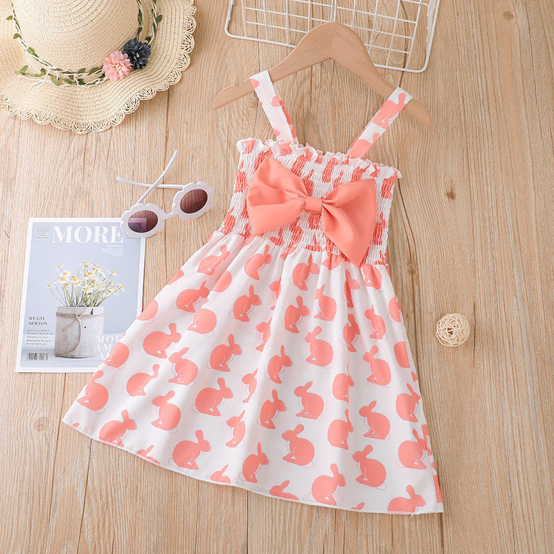 9months-4years Baby Girl Summer Dress Cute Rabbit Bow Stitching Suspender Wholesale Baby Clothing - PrettyKid