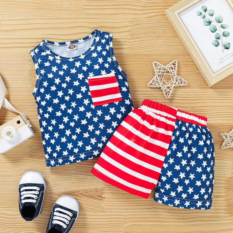 3-24months Baby Sets Children's Clothing Wholesale Baby Independence Day Five-Pointed Star Top Stitching Shorts Suit - PrettyKid