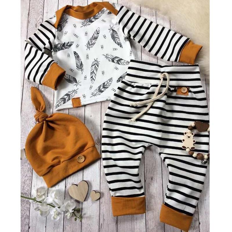 3-piece Feather Stripe Tee, Pants and Hat Set Children's clothing wholesale - PrettyKid