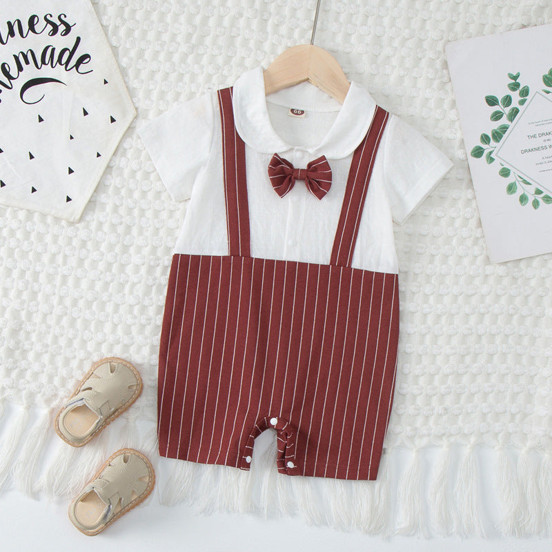 0-12M Striped Splicing Short Sleeve Gentleman'S Bow Tie Bulk Baby Boy Jumpsuit Baby Clothes Wholesale - PrettyKid