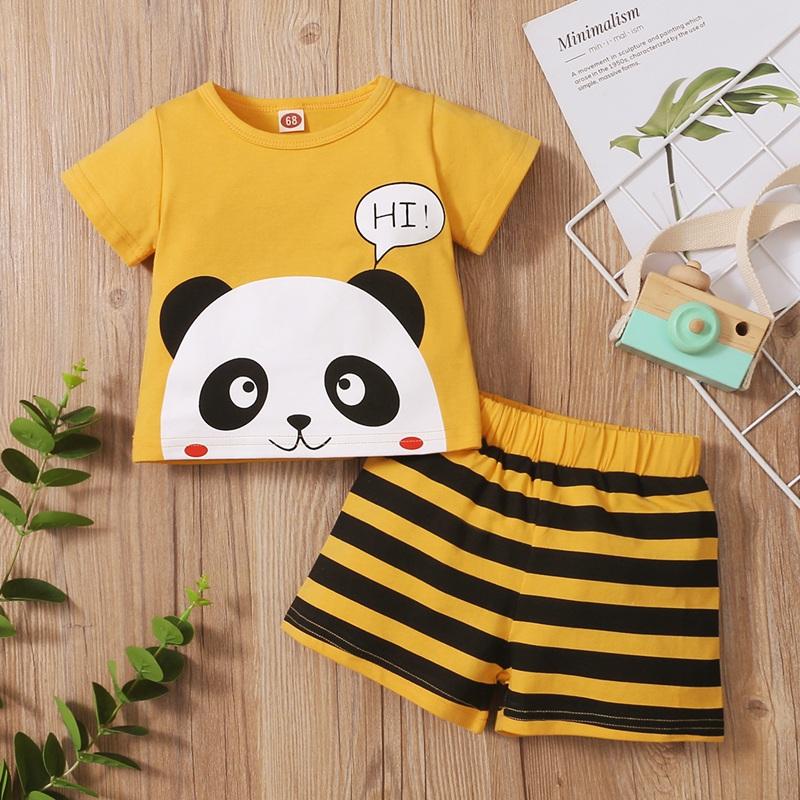 Baby Boy Panda Pattern T-shirt & Striped Shorts - PrettyKid