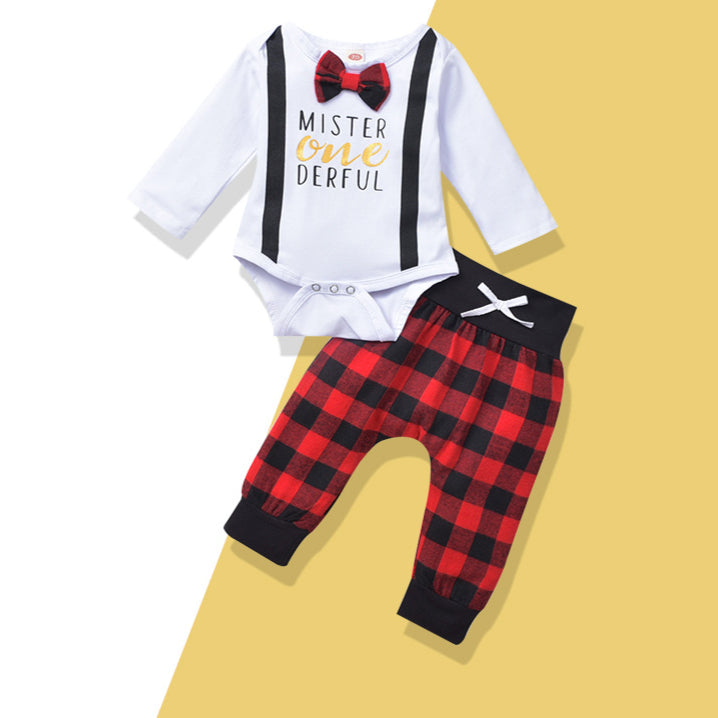 Baby Boy Alphabet One-Piece With Bow Tie And Plaid Pants Two Piece Baby Sets - PrettyKid