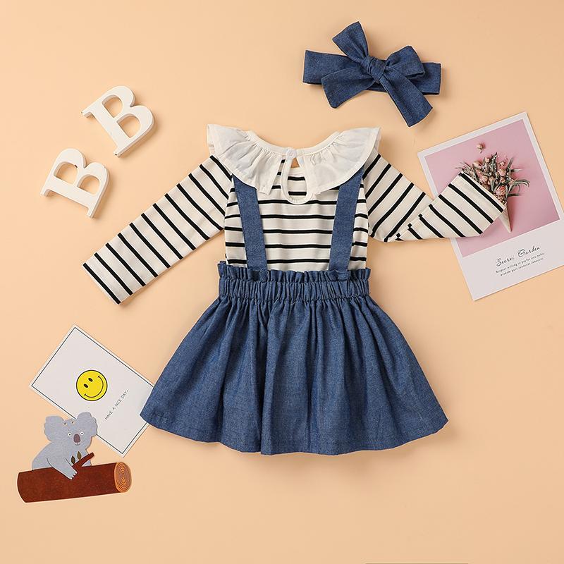 3-piece Lace Striped Bodysuit & Solid Strap Dresses & Headband for Baby Girl Wholesale children's clothing - PrettyKid