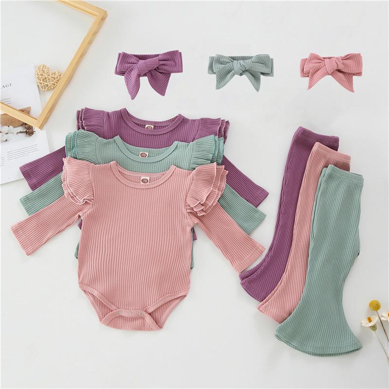 3-piece Solid Ruffle Bodysuit & Pants & Headband for Baby Girl Wholesale children's clothing - PrettyKid
