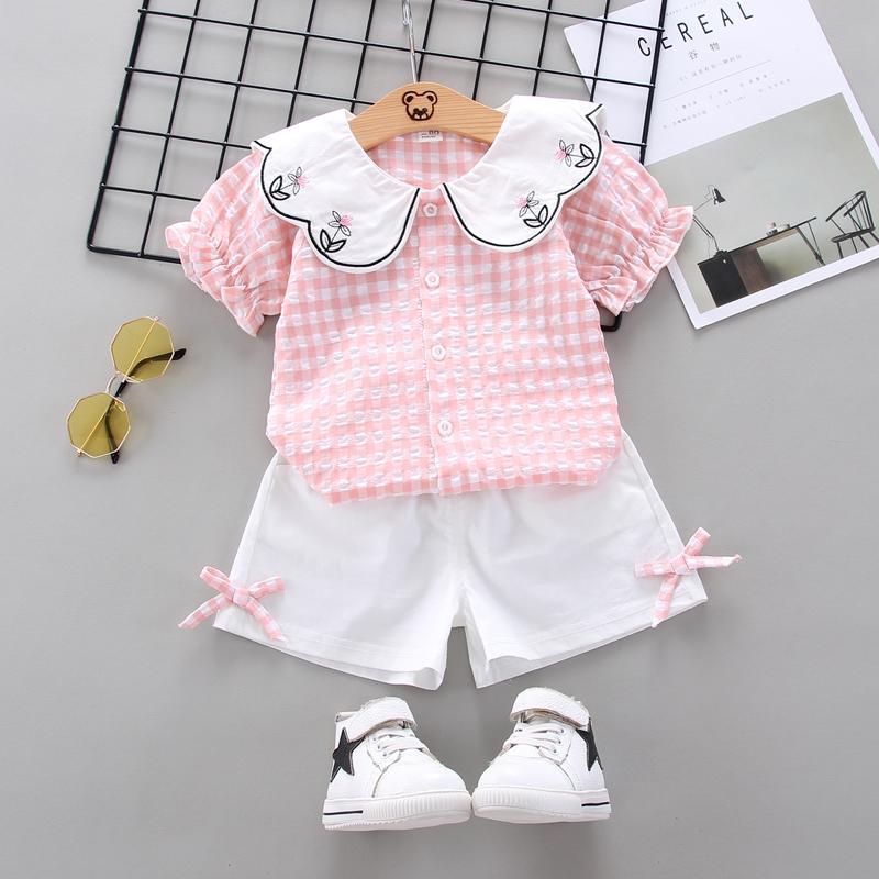 Toddler Girl Irregular Collar Check Top & Bow Element Shorts Wholesale Children's Clothing - PrettyKid