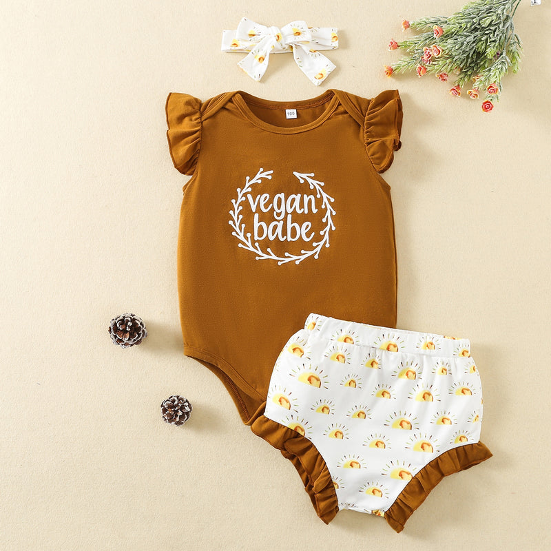3-24M Baby Girls Sets Rainbow Letter Print Bodysuit & Shorts & Headband Wholesale Baby Clothes In Bulk - PrettyKid