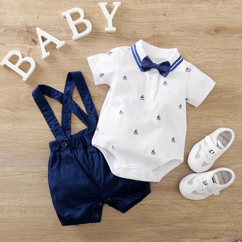 2-piece Bow Decor Bodysuit & Dungarees for Baby Boy - PrettyKid