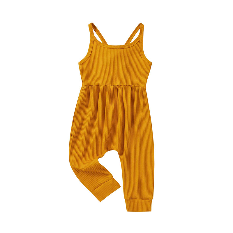 Baby Girl Solid Color Ribbed Suspender Bodysuit Wholesale Baby Rompers - PrettyKid