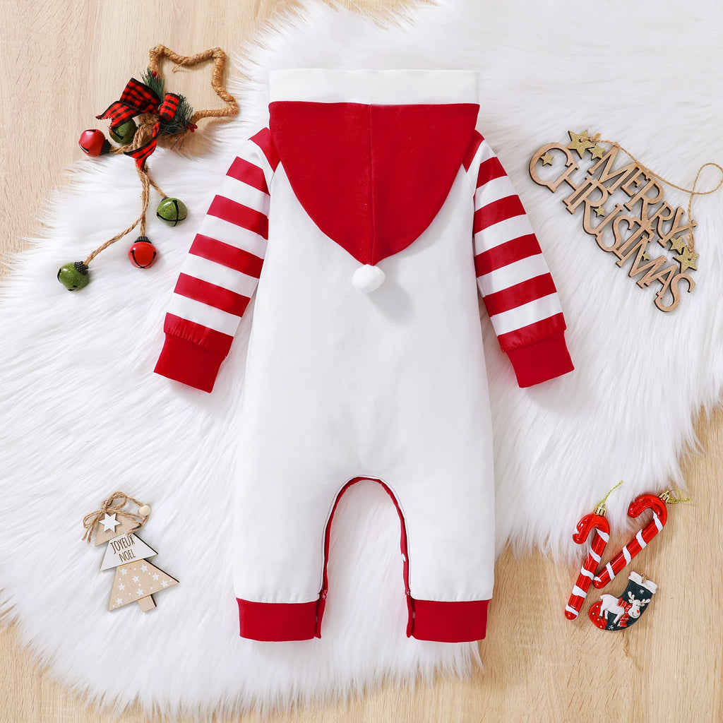 0-18M Baby Onesies Christmas Stripes Letters Printed Two Tone Hooded Romper Wholesale Baby Clothes In Bulk - PrettyKid