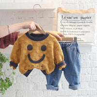 Baby Boy Smile Pattern Sweatshirt And Jeans Baby Outfit Sets - PrettyKid