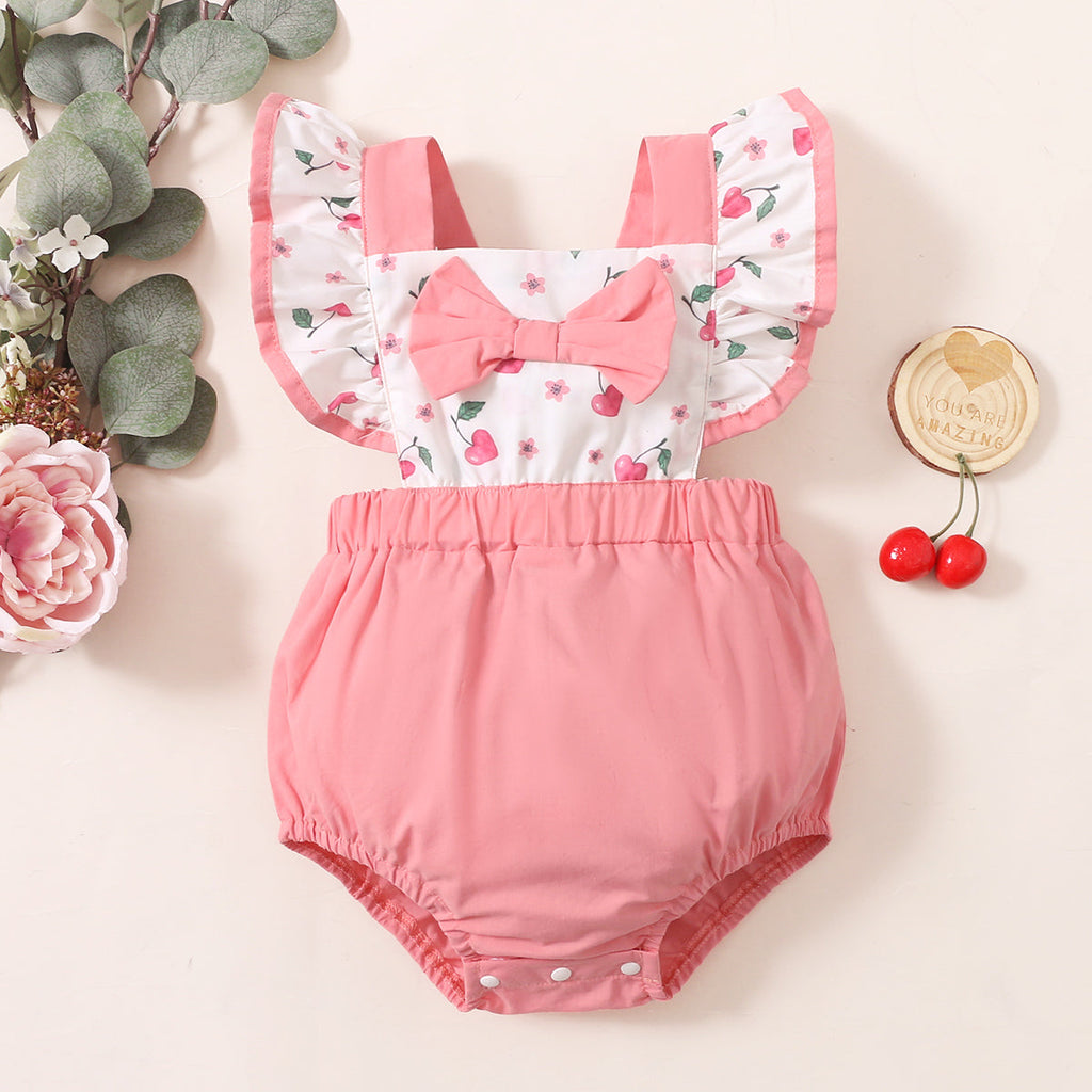 Baby Girl Cherry Print Bow Stitching Bodysuit Baby Girl Jumpsuit - PrettyKid