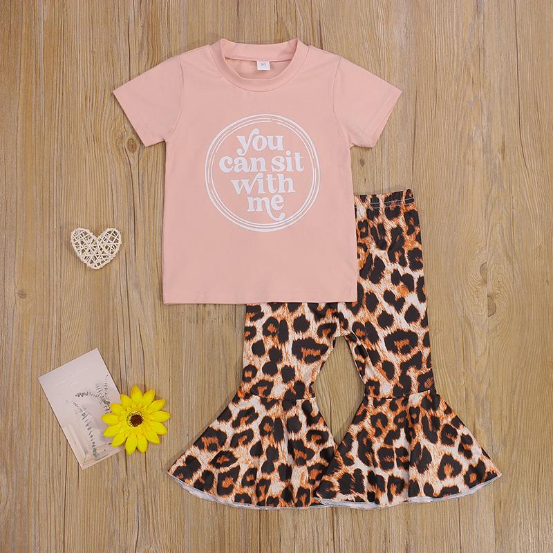 Toddler Girl Letter Print T-shirt & Leopard Print Bell-Bottom Pants - PrettyKid
