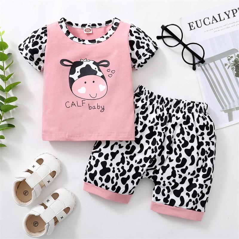 Baby Girl Cartoon Cow Pattern T-shirt & Cow Pattern Print Shorts - PrettyKid