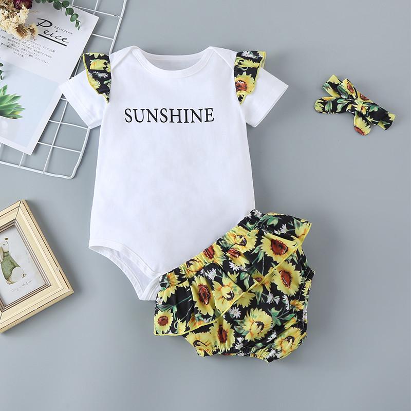 3-piece Floral Printed Bodysuit & Shorts & Headband for Baby Girl Wholesale children's clothing - PrettyKid