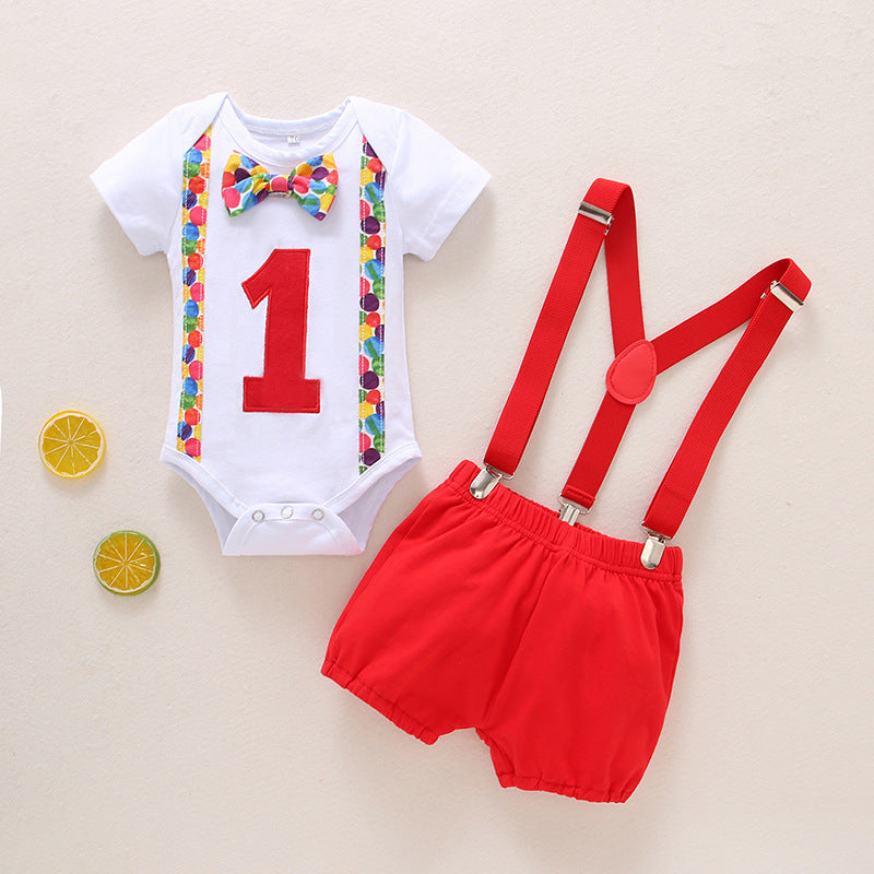 Birthday Bowtie Bodysuits And Galaxy Print Suspender Shorts Wholesale Baby Clothes Sets - PrettyKid