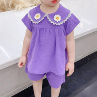 Toddler Girl Cotton Daisy Lapel Top & Shorts - PrettyKid