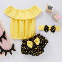 Baby Girl Ruffle Collar Top & Polka Dot Shorts & Headband - PrettyKid