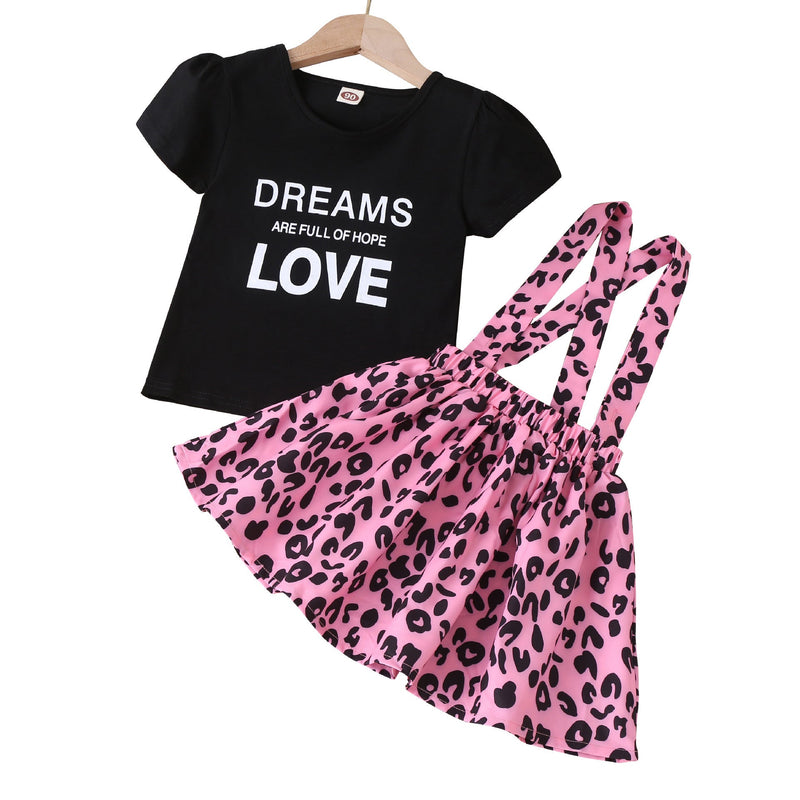 18M-5Y Letter Short Sleeve T-Shirt Leopard Print Bib Skirt 2 Piece Sets For Girls Cute Toddler Girl Clothes Wholesale