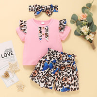 Baby Girl Leopard Print Fly-Sleeve Top And Shorts With Headband Two Piece Baby Sets - PrettyKid