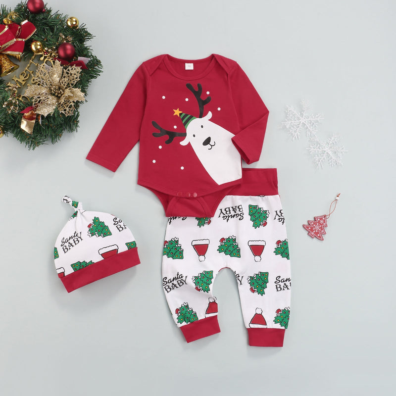 Christmas Cartoon Elk Print Wholesale Baby Clothes Sets With Hats - PrettyKid