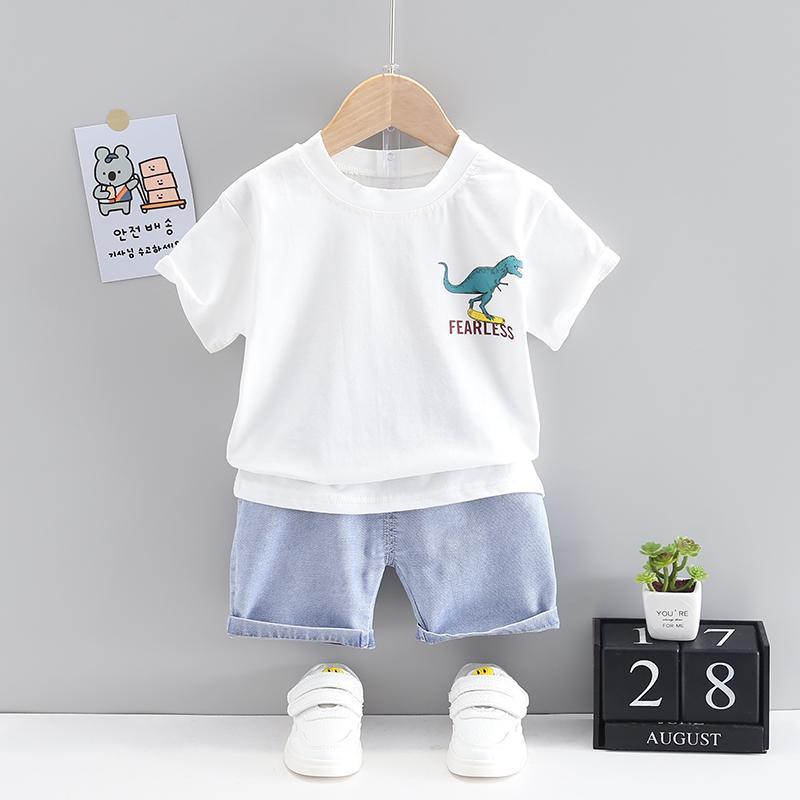 Toddler Boy Dinosaur Letter Patten Top & Denim Shorts Children's Clothing - PrettyKid