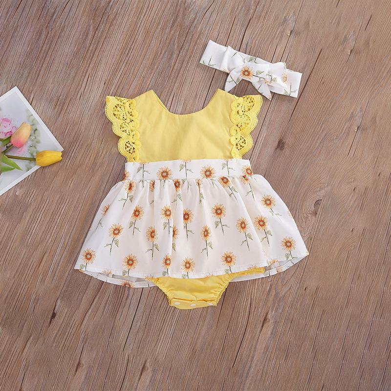 Baby Girl 2pcs Sunflower Pattern Bodysuit & Headhand - PrettyKid