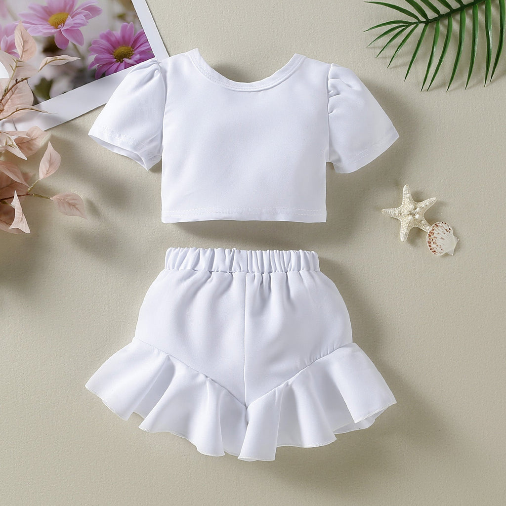 9M-5Y Toddler Girls Outfits Sets White Tops & Ruffle Hem Flared Shorts Wholesale Little Girl Clothing - PrettyKid