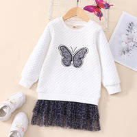 Butterfly Pattern Leopard Mesh Stitching Toddler Girl White Dress - PrettyKid