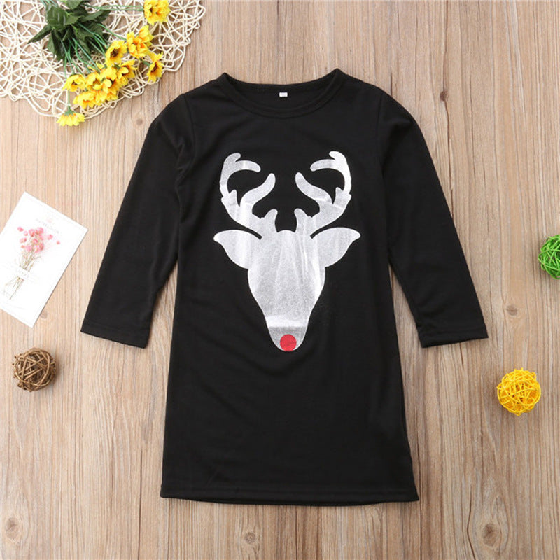 Christmas Deer Black Dresses Wholesale Mommy And Me Clothing - PrettyKid
