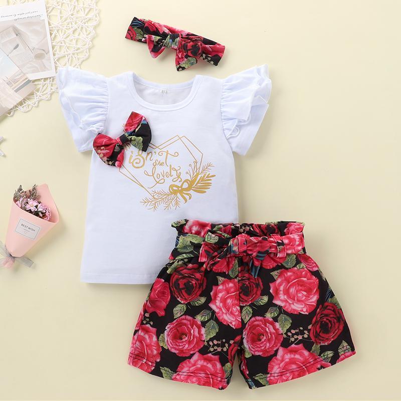 Baby Girl Ruffle Top & Floral Print Shorts & Bowknot Headband - PrettyKid