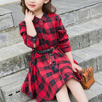 Long-Sleeve Plaid Dress with a Belt - PrettyKid