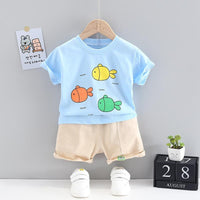 Grow Boy Cartoon Fish Patten Top & Solid Color Shorts - PrettyKid