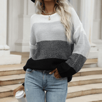 Women's Round Neck Loose Stitching Contrast Knit Long Sleeve Sweater - PrettyKid