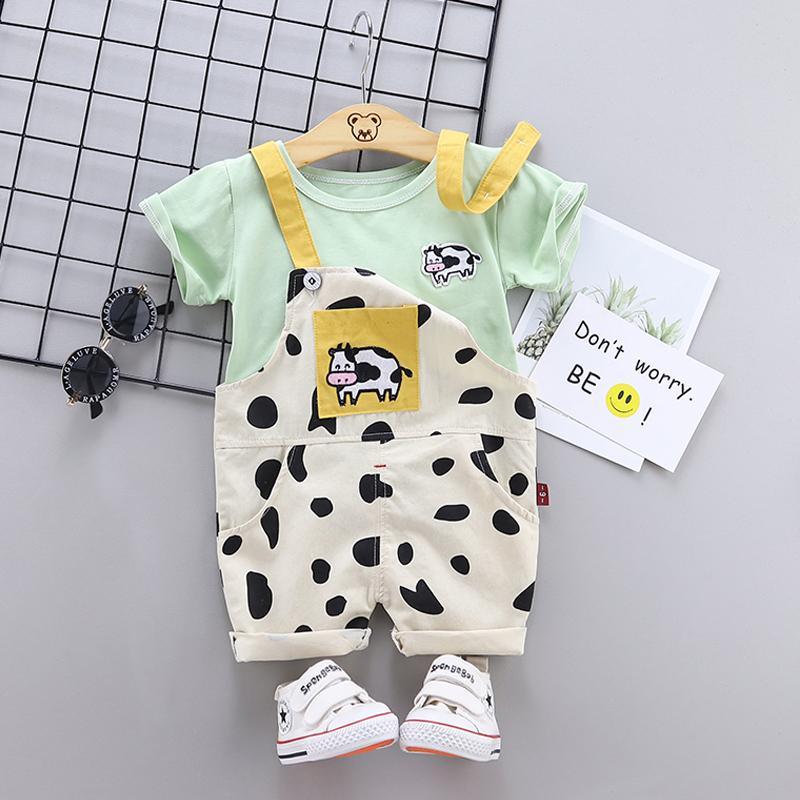 2pcs Fashion Cow Print T-shirt and Jumpsuits - PrettyKid