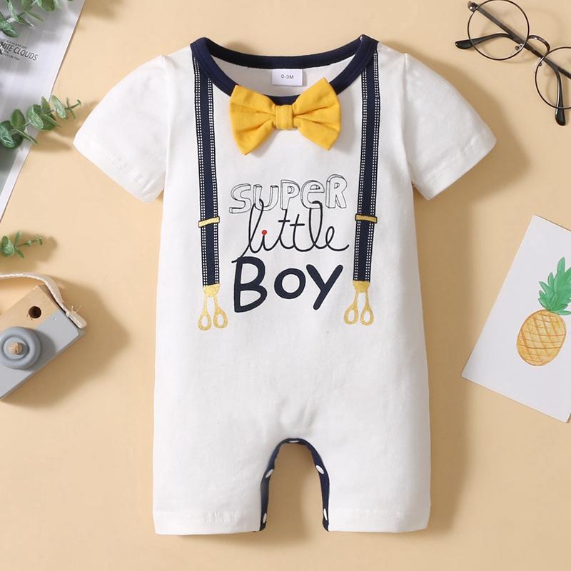 Baby Boy Bow Tie Decor Letter Pattern Jumpsuit - PrettyKid