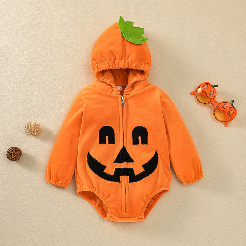 6-24M Halloween Pumpkin Face Orange Romper With Hat Baby Wholesale Clothing - PrettyKid