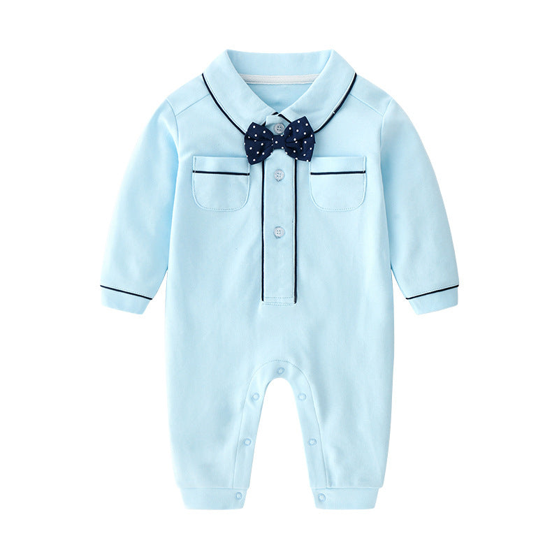 Baby Light Blue Half Button Bowtie Jumpsuit Baby Onesies Bulk - PrettyKid