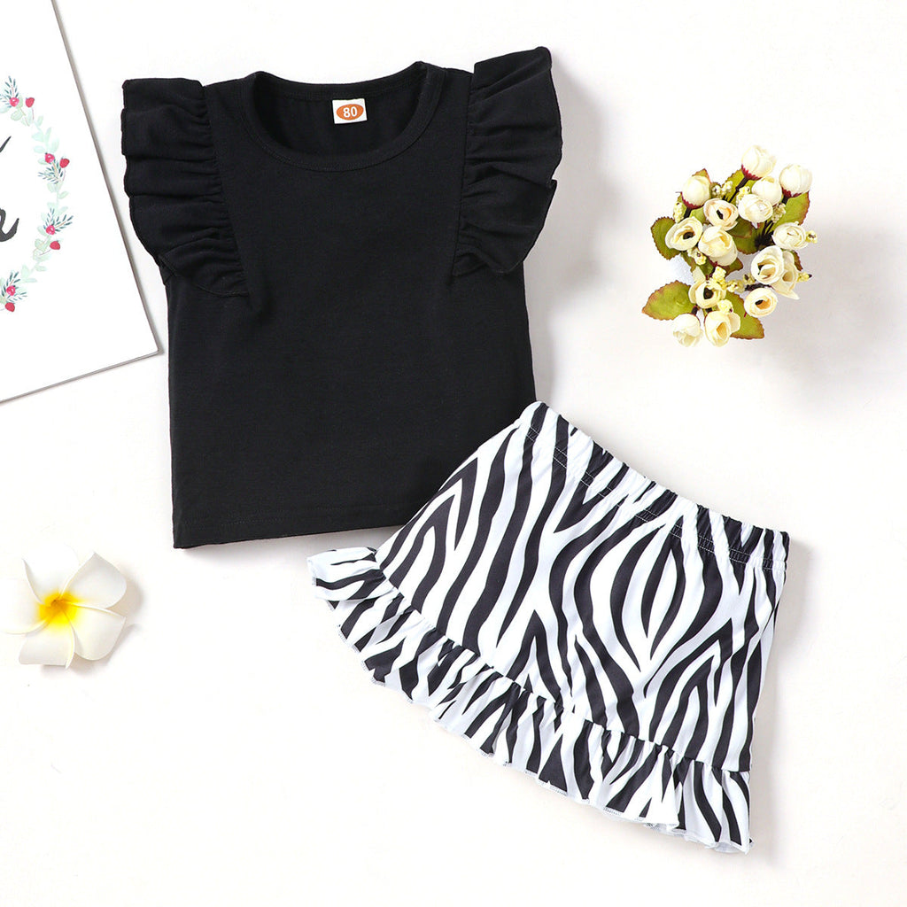 Baby Girl Fly-Sleeve T-Shirt And Zebra-Print Shorts Baby Outfit Sets - PrettyKid