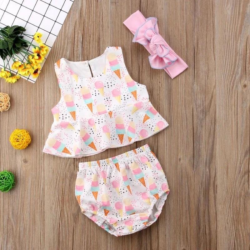 Toddler Girl Ice Cream Print Top & Super Shorts & Bowknot Headband - PrettyKid