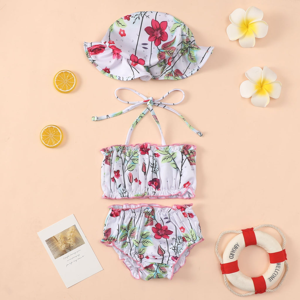 Baby Girl Floral Print Halter Top And Briefs Split Swimsuit And Hat Cheap Baby Swimwear - PrettyKid