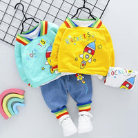 2-piece Fashion Cute Rockets Print Color-block Hoodies and Jeans - PrettyKid