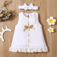 Baby Girl Bow Decor Sleeveless Lace Trim Dress & Headwear - PrettyKid