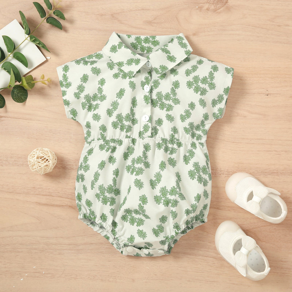 0-18M Baby Leaves Print Lapel Half-Button Bodysuit Wholesale Baby Clothes In Bulk - PrettyKid