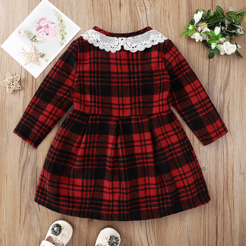 Checked Lace Collar Dresses For Girl - PrettyKid