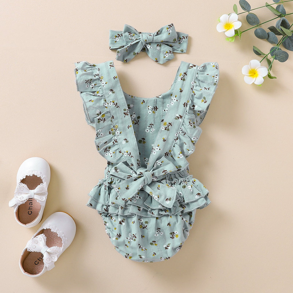 3-24M Baby Girls Floral Print Flutter Sleeve Bodysuit & Headband Wholesale Baby Boutique Clothing - PrettyKid