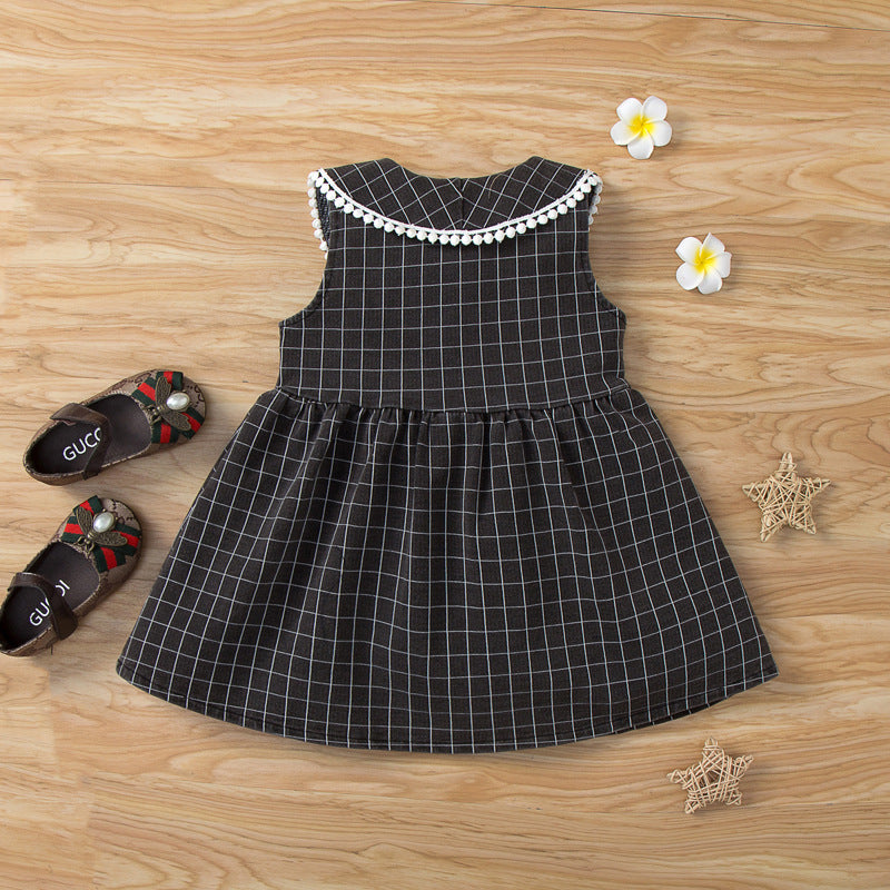 6-24months Baby Boutique Dresses Sleeveless Plaid Doll Collar Stitching Baby Clothes In Bulk - PrettyKid