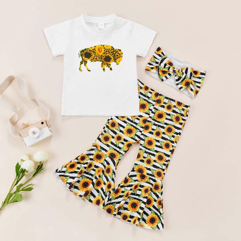 18m-6Y Toddler Girls Sets T-Shirts & Sunflower Print Bell Bottom Pants Wholesale Little Girl Clothing - PrettyKid