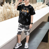 Kid Boy Letter Cartoon Pattern Top & Camouflage Shorts - PrettyKid