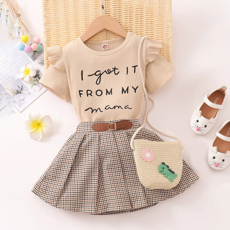 9M-6Y 2 Piece Sets For Girls Wooden Ear Trimmed Short-Sleeved Plaid Skirt Cute Toddler Girl Clothes Wholesale - PrettyKid